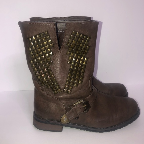 Brown and Gold Studded Moto Combat Boots - Picture 2 of 8